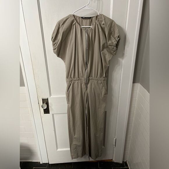 Zara Pants - Zara Tan Jumpsuit with Puffed Sleeves and Elastic Waist